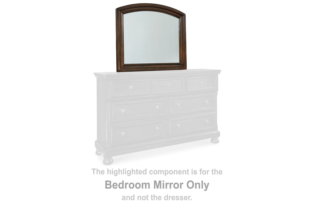 Porter arched bedroom mirror, rustic brown wood frame