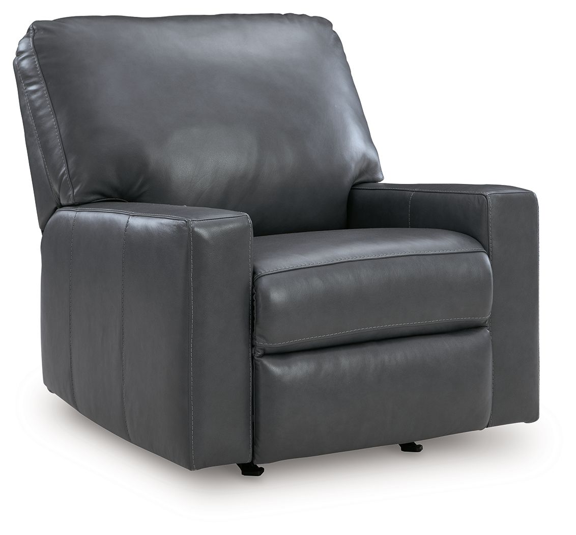 Dark gray leather-look rocker recliner chair with curved arms and stitched seat cushion