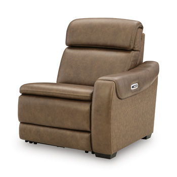 Brown power recliner armchair with cushioned arms and side control panel