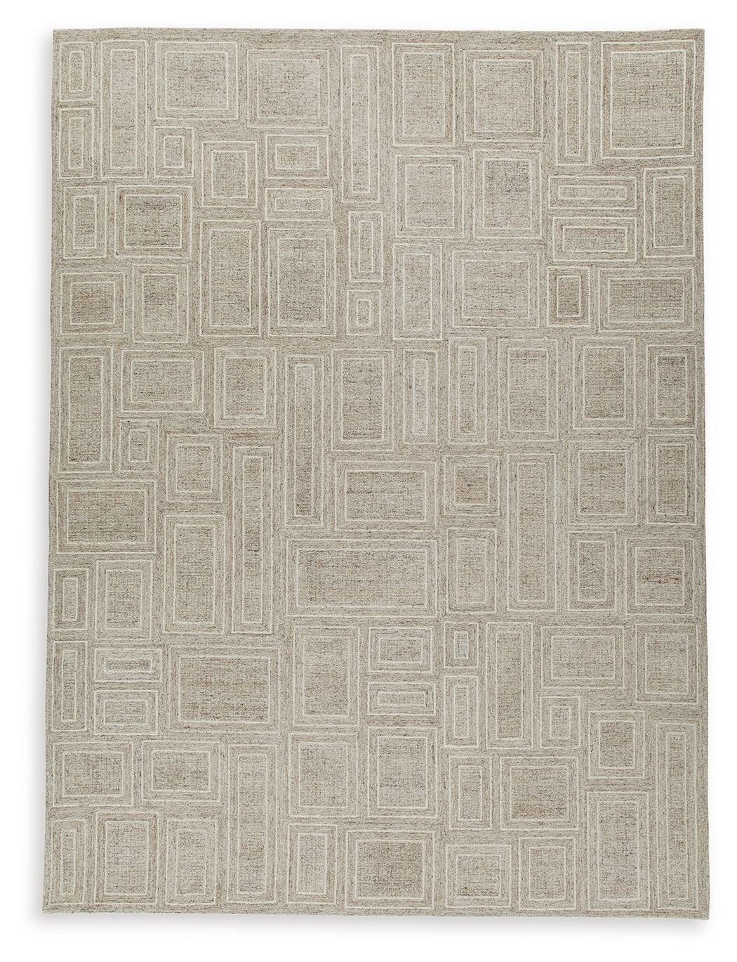 Gray area rug with repeating geometric square pattern
