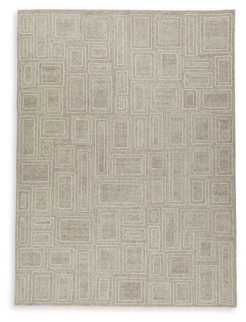Gray area rug with repeating geometric square pattern