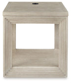Square end table in light bisque wood with open shelf and black cup pull on top