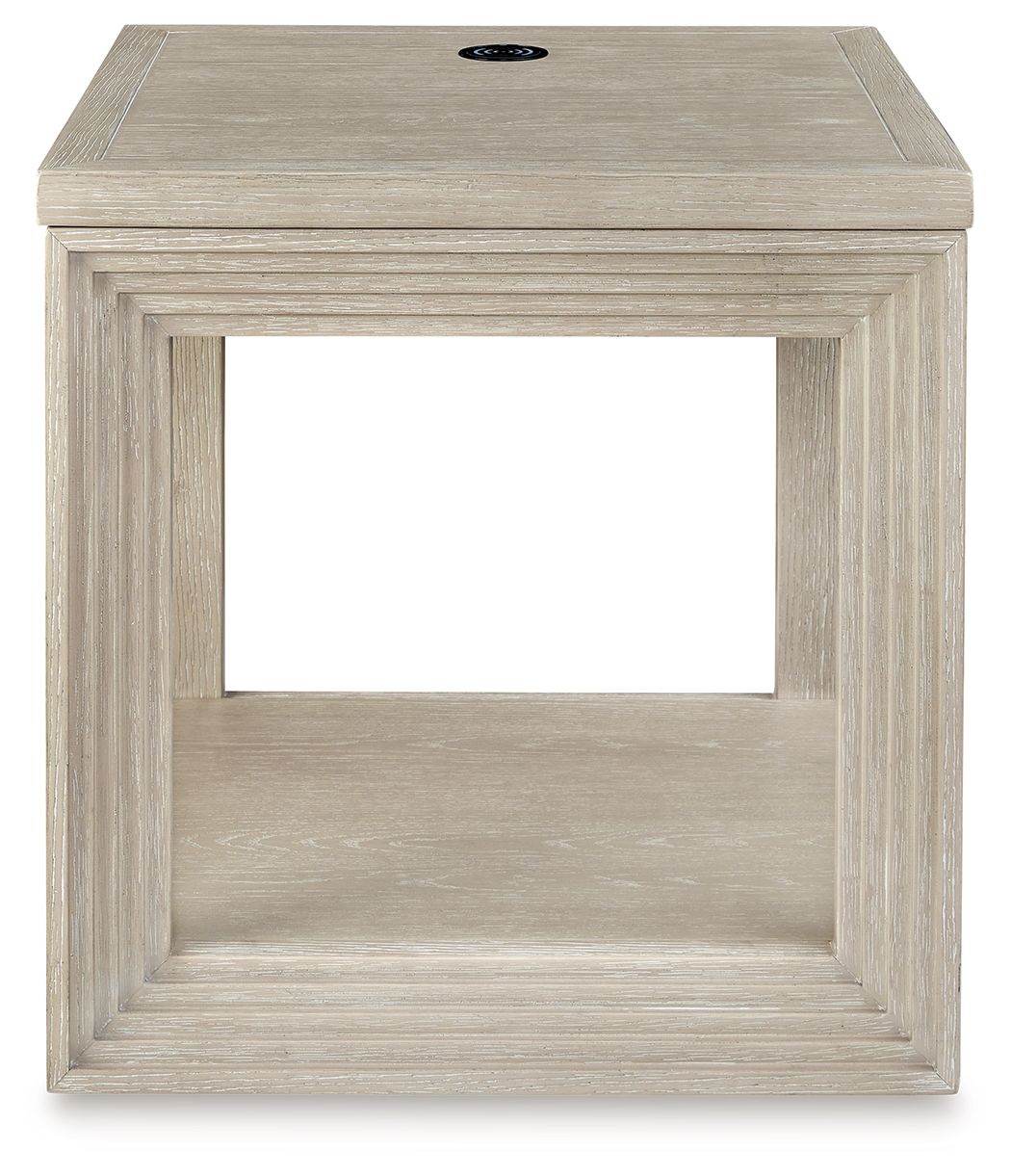 Square end table in light bisque wood with open shelf and black cup pull on top
