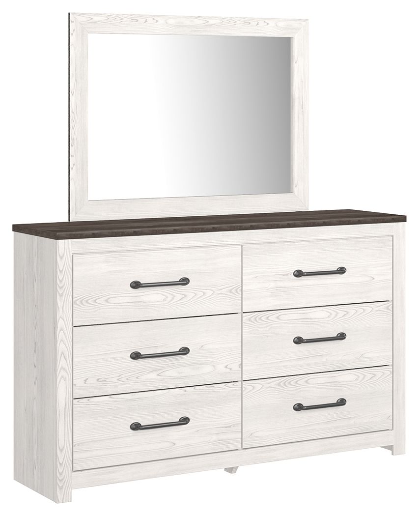 Dresser with mirror and four drawers, white wood finish with dark top and black pulls