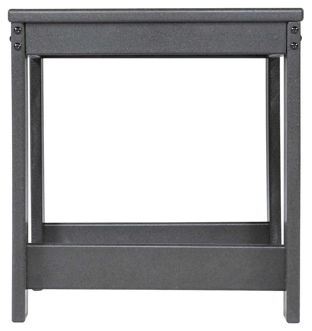 Charcoal gray square end table front panel with slatted lower shelf