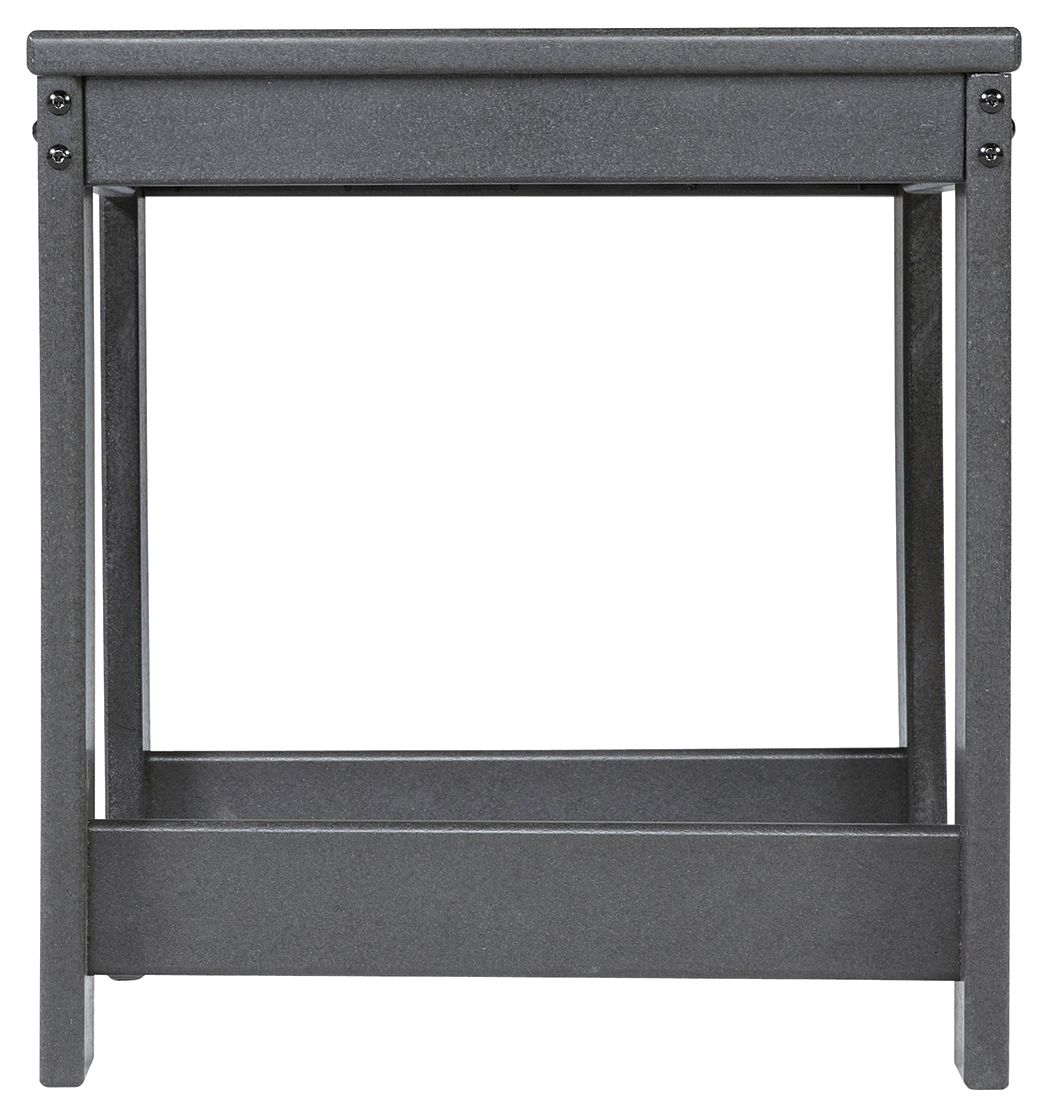 Charcoal gray square end table front panel with slatted lower shelf