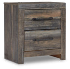 Two-drawer night stand with rustic wood finish and dark metal bar handles