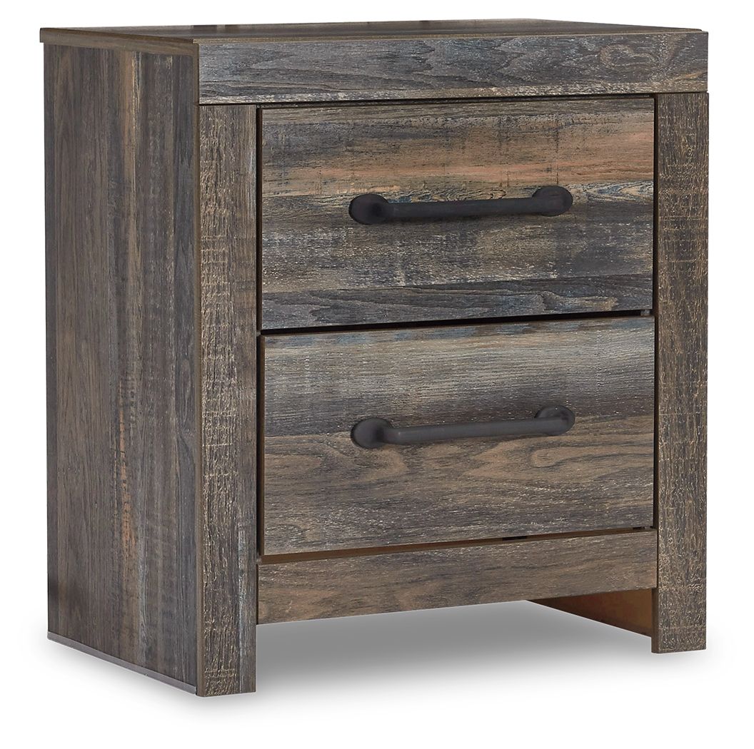 Two-drawer night stand with rustic wood finish and dark metal bar handles