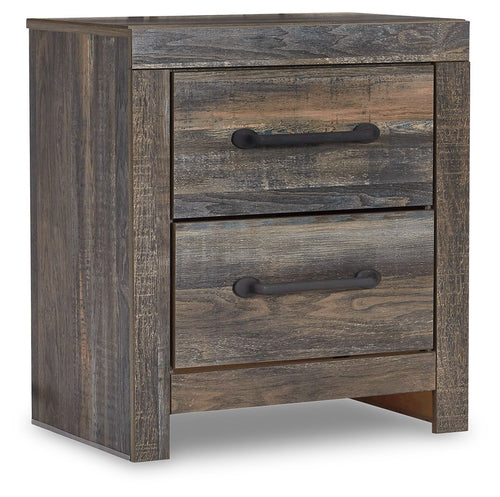Two-drawer night stand with rustic wood finish and dark metal bar handles