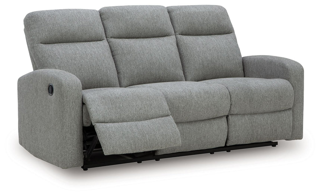 Gauntlet Sterling reclining sofa, gray fabric side view with recline arms and base