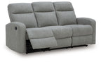 Gauntlet Sterling reclining sofa, gray fabric side view with recline arms and base