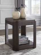 Dark brown rectangular side table with slatted sides and lower shelf, wood-look finish.