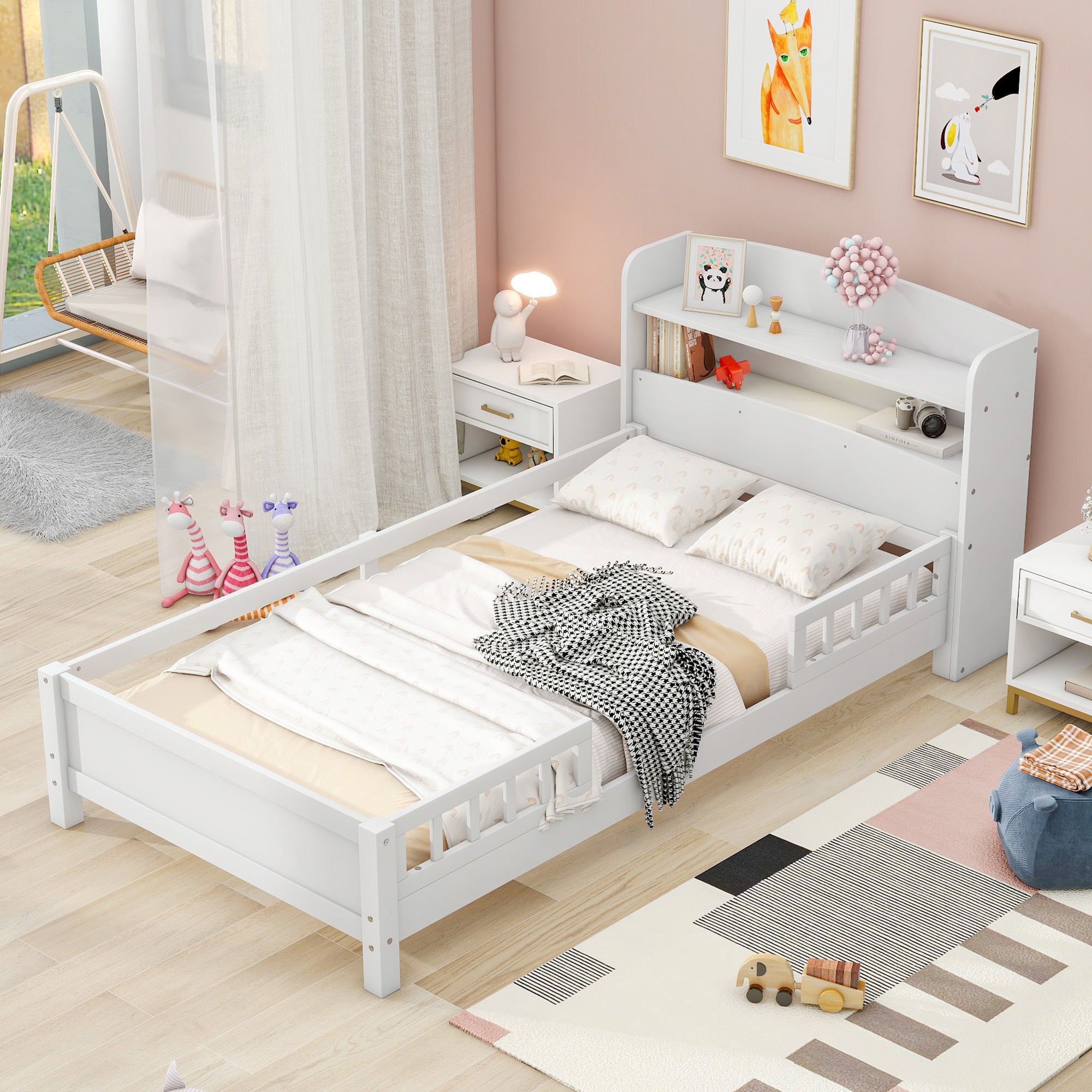 White Twin Platform Bed w/ LED, Storage & Guardrail