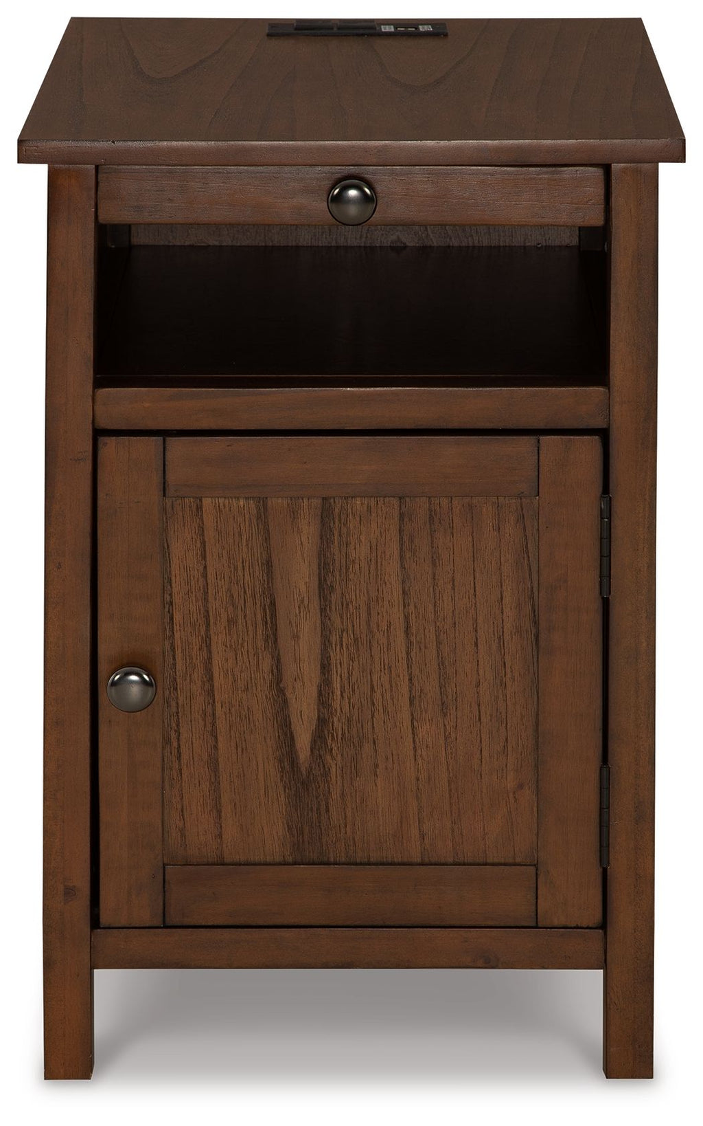 Chair-side end table, warm brown wood grain, drawer and paneled cabinet door