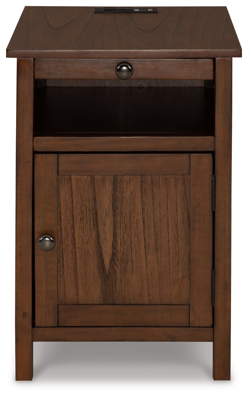 Chair-side end table, warm brown wood grain, drawer and paneled cabinet door