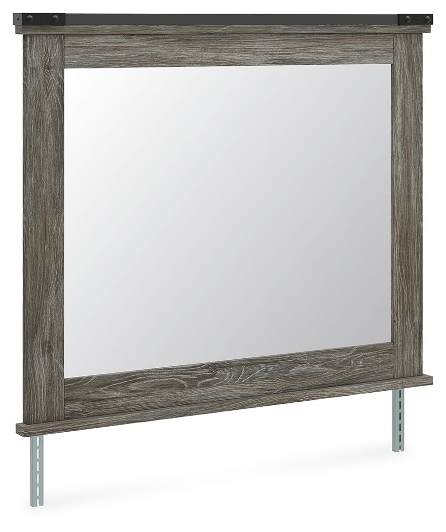 Gray wood-framed rectangular mirror with side legs and black top brackets