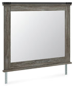 Gray wood-framed rectangular mirror with side legs and black top brackets