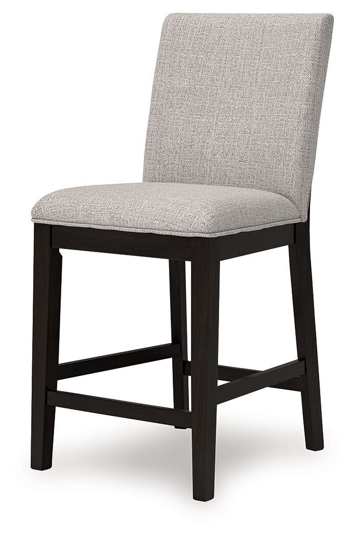 Upholstered barstool with tall back and light gray cushion seat; dark brown legs