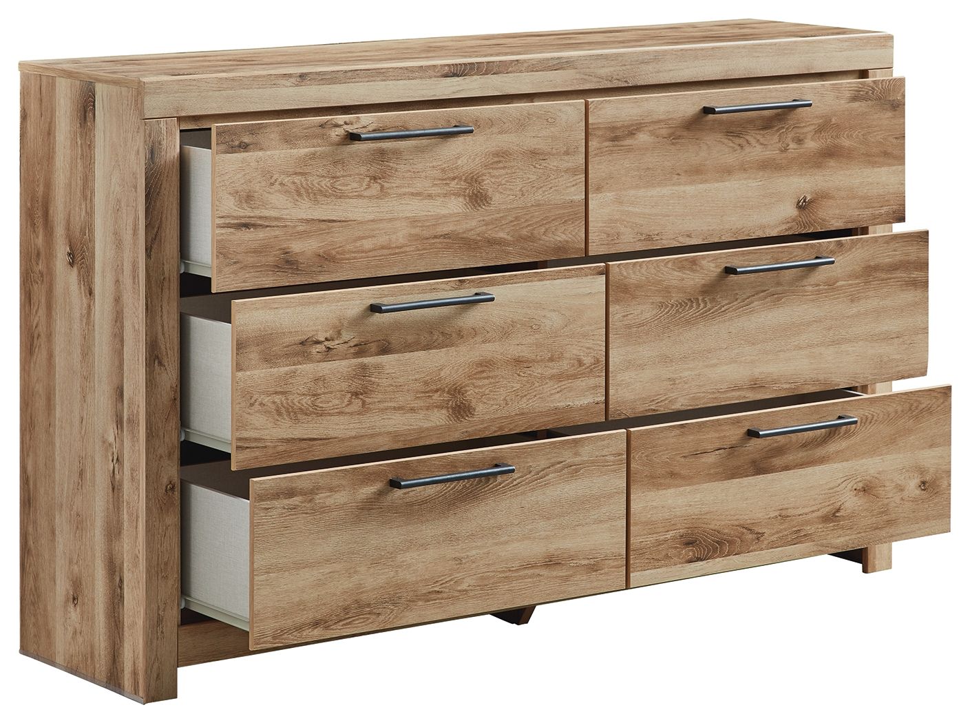 Tan wood six-drawer dresser with 6 drawers and metal bar handles, drawers ajar.