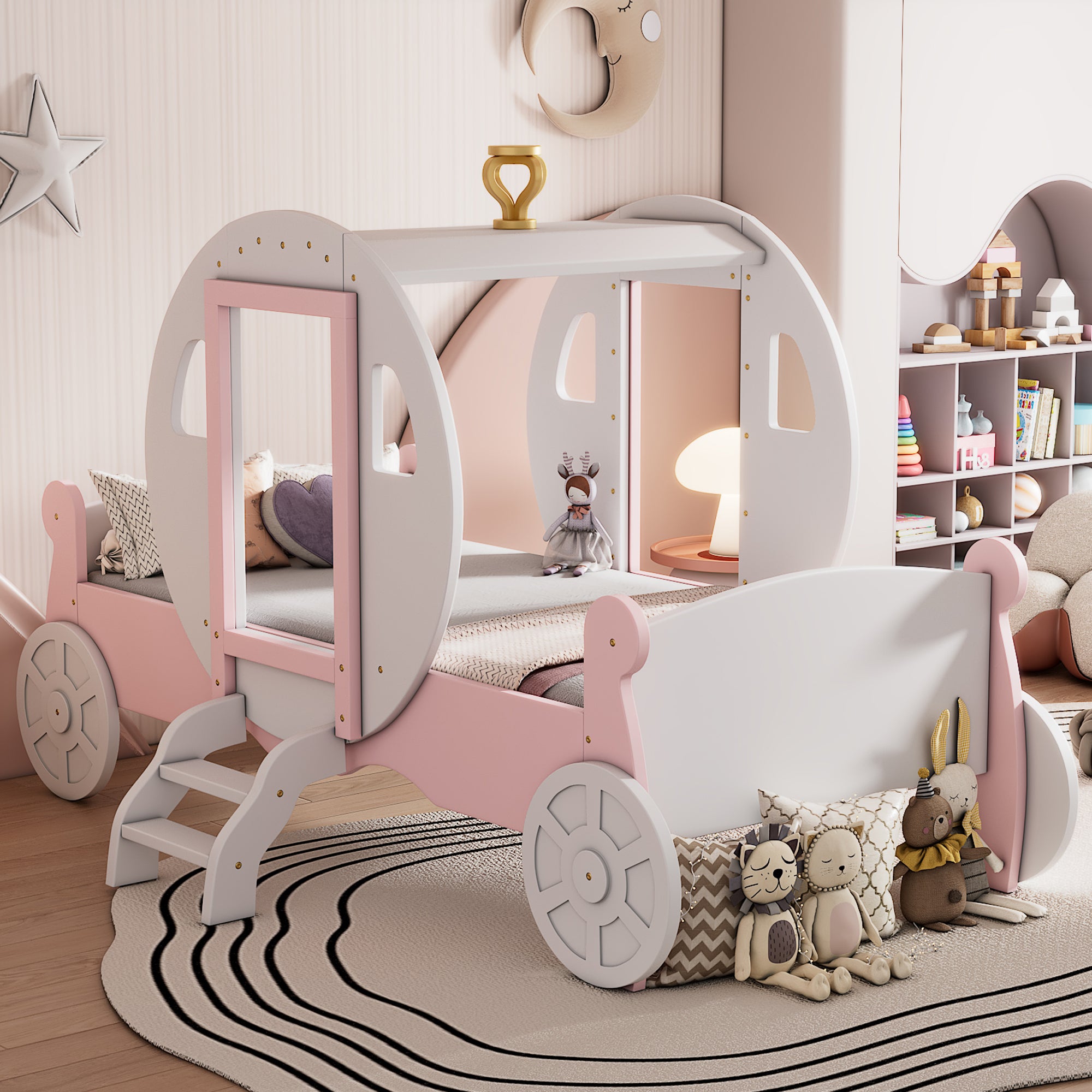 Twin Princess Carriage Bed with Crown, Wood Platform Car, Stair, Pink