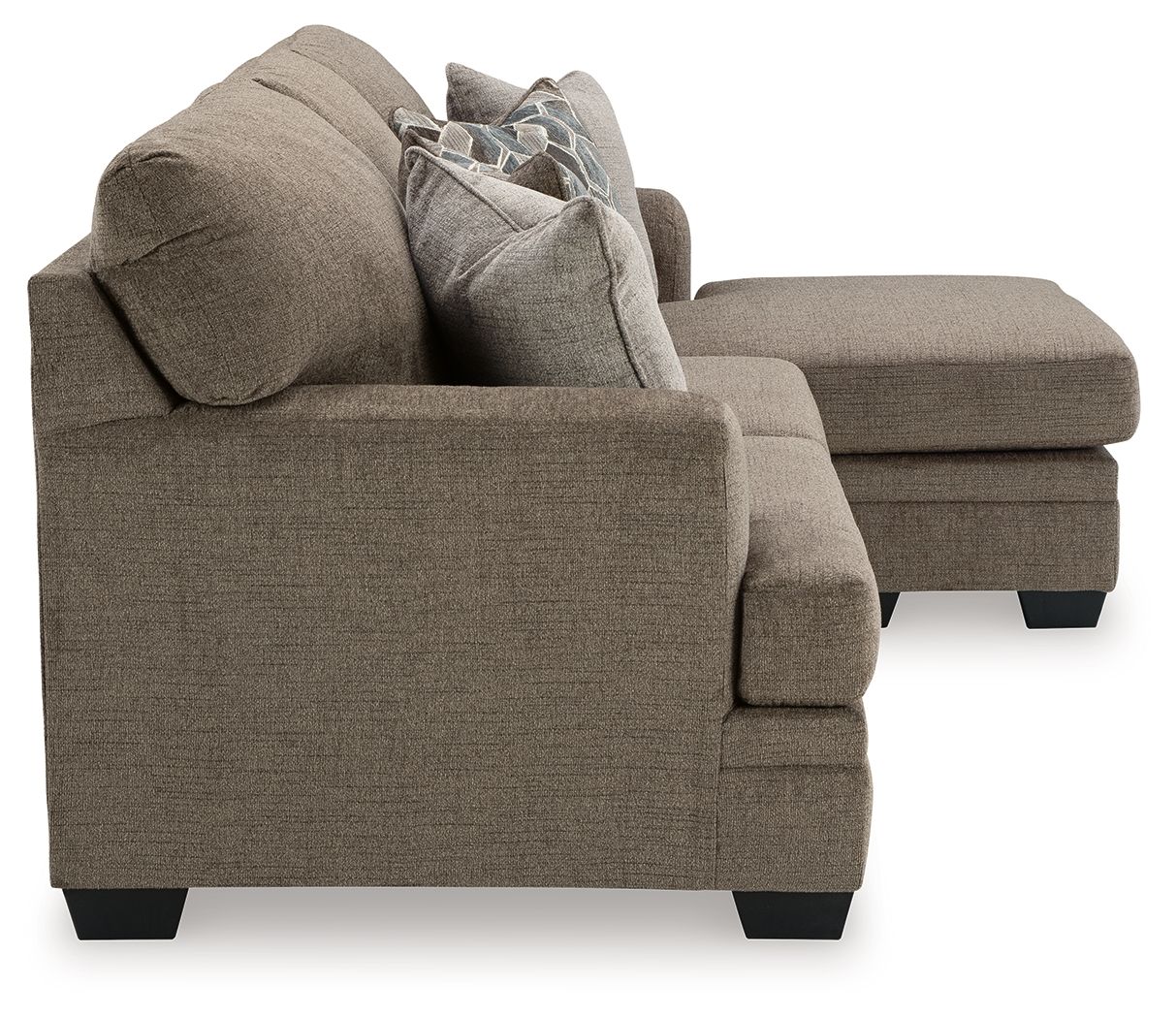 Dark brown fabric sofa with rolled arms, box seat, and two accent pillows