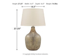Gray glass table lamp with beige fabric shade, size and weight shown