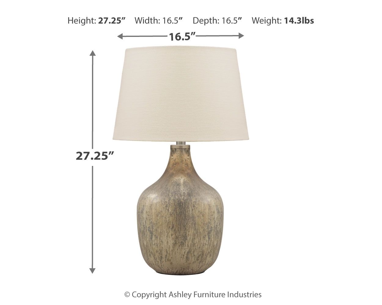 Gray glass table lamp with beige fabric shade, size and weight shown