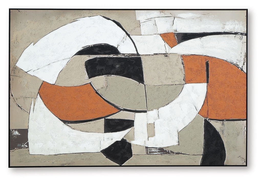 Abstract wall art with white, black, beige, and rust orange geometric shapes