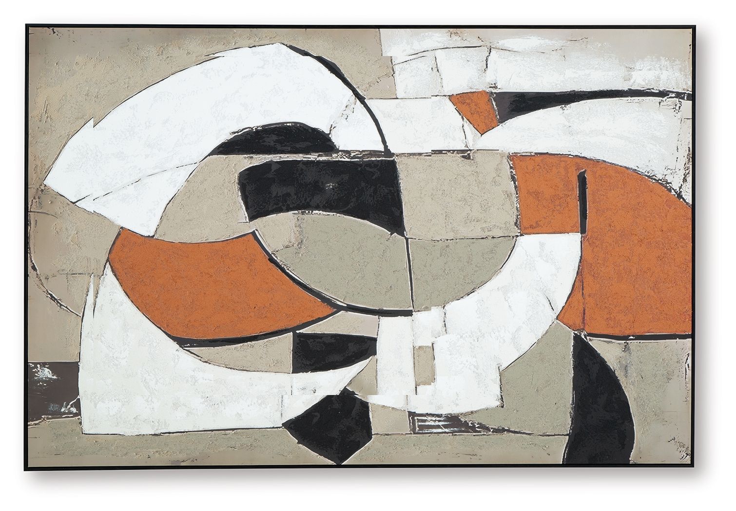 Abstract wall art with white, black, beige, and rust orange geometric shapes