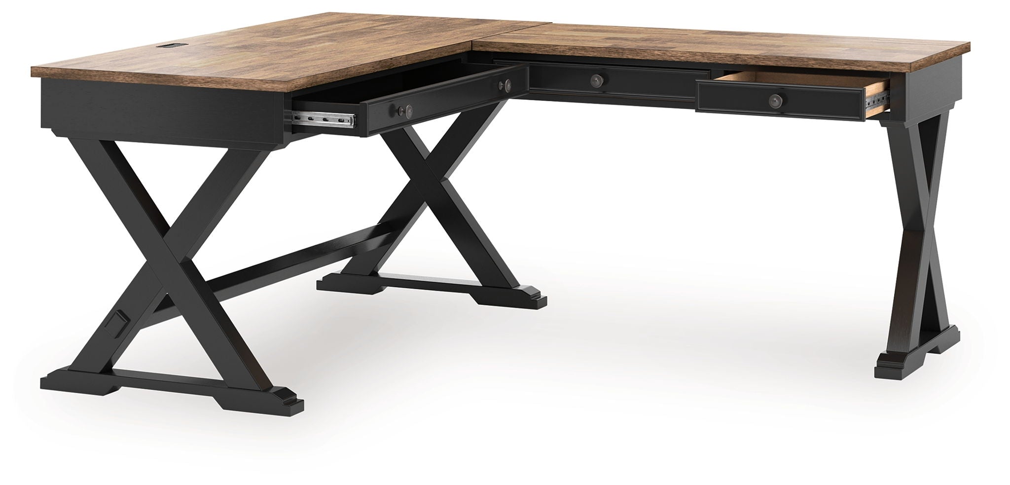 Home office desk with brown wood top, black frame, and built-in drawer and tray