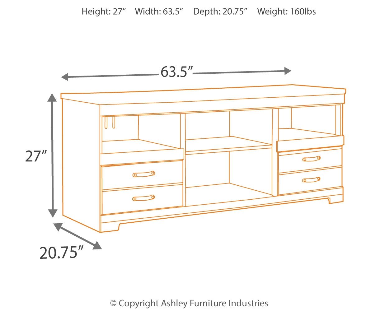 TV stand size diagram, 27in H x 63.5in W x 20.75in D