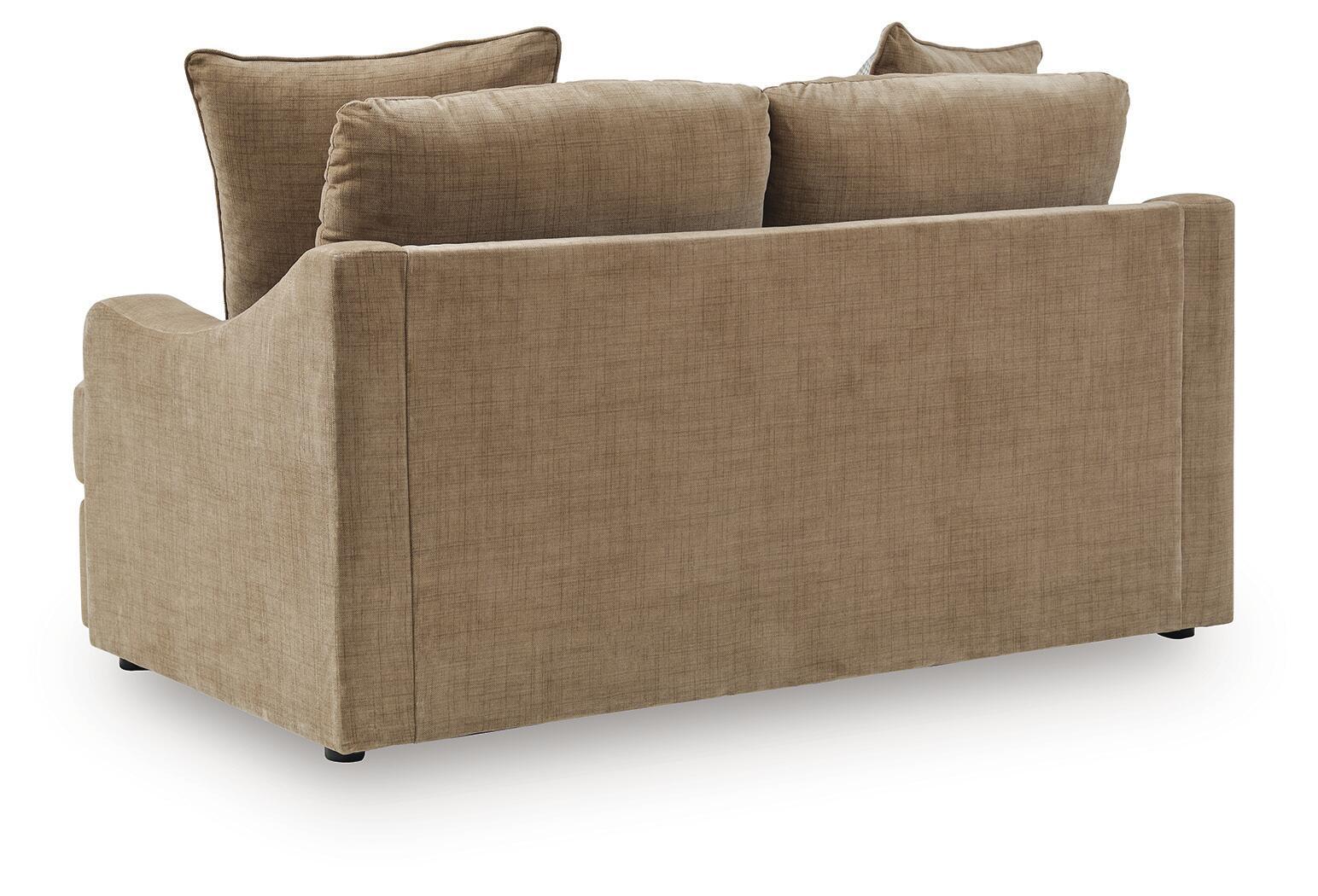 Beige upholstered loveseat with clean-lined arms and back cushions, side view