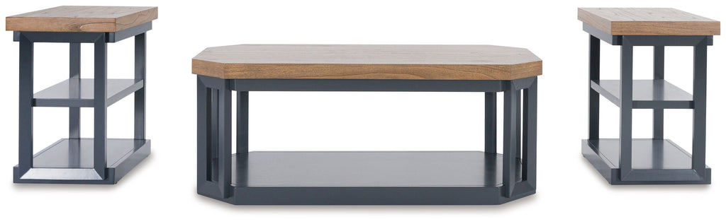 Landocken occasional table set with brown tops and dark blue-gray frames, three-piece