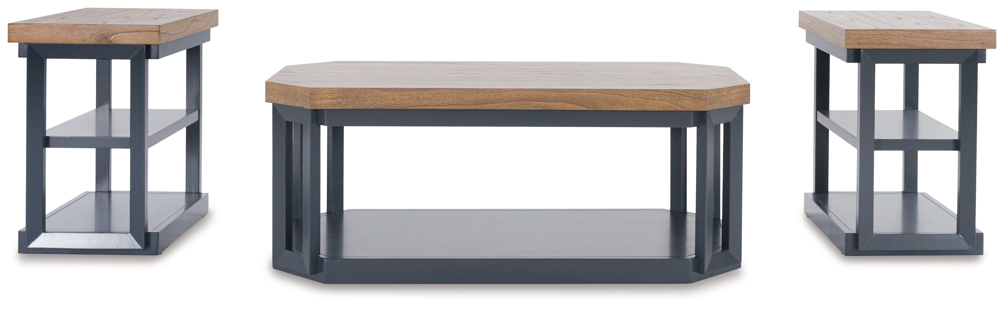 Landocken occasional table set with brown tops and dark blue-gray frames, three-piece