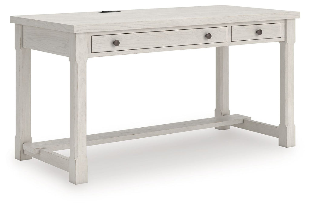 White home office desk with two drawers and open lower shelf