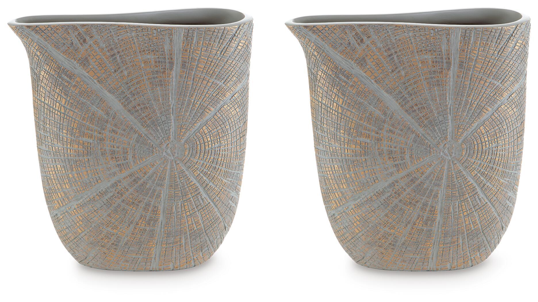 Set of two dark gray ceramic vases with light fan-like pattern and wide rim.