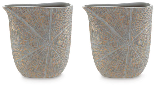 Set of two dark gray ceramic vases with light fan-like pattern and wide rim.