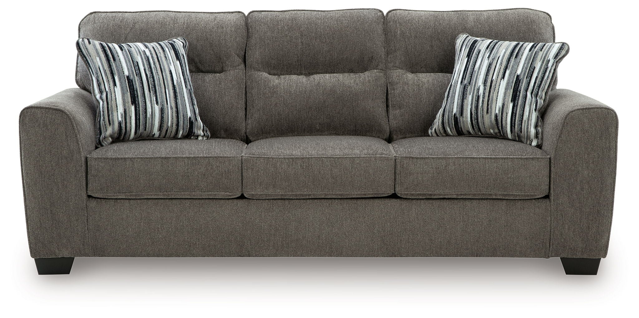 Dark gray fabric sofa with tufted back, square arms, and striped throw pillows