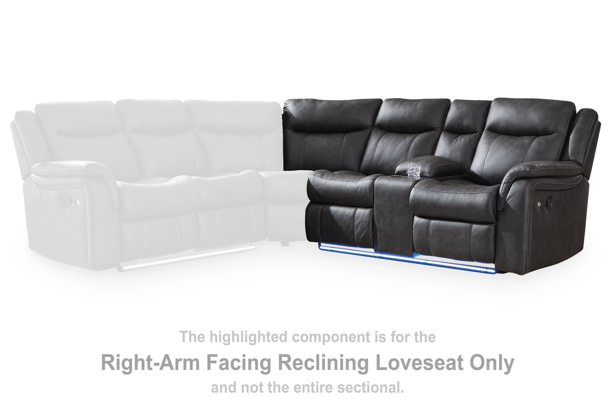 Reclining loveseat with dark gray upholstery, padded back and armrests