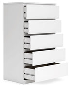 White five-drawer chest with drawers pulled out, revealing interior rails