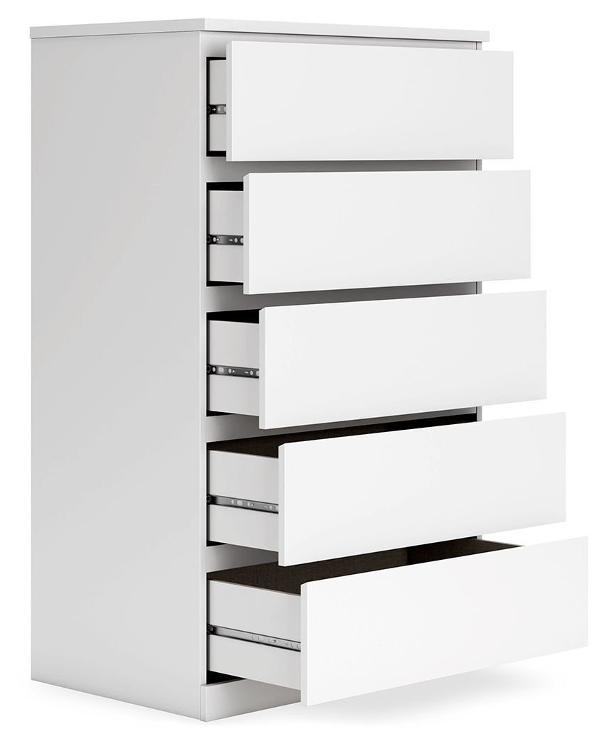 White five-drawer chest with drawers pulled out, revealing interior rails