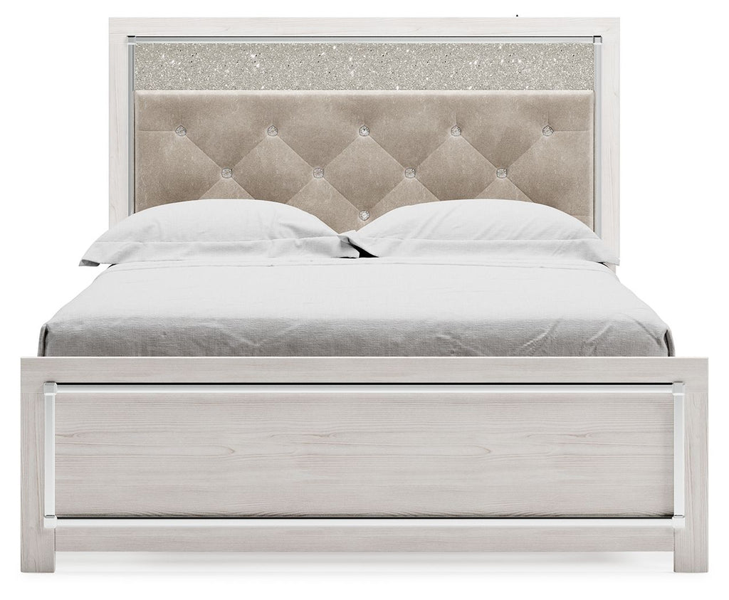 Queen bed with white side rails and tall light-gray tufted upholstered headboard