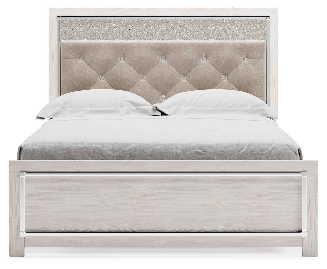Queen bed with white side rails and tall light-gray tufted upholstered headboard