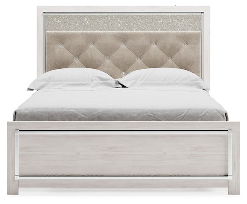 Queen bed with white side rails and tall light-gray tufted upholstered headboard