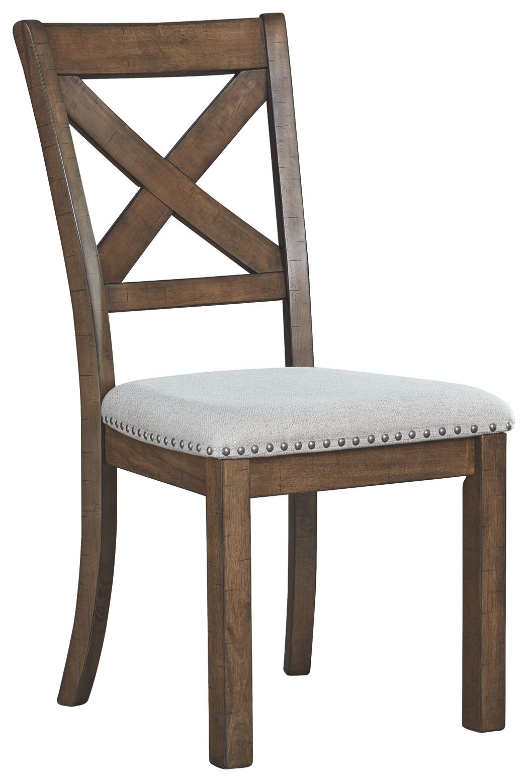 Padded dining side chair with beige seat cushion and dark wood X-back frame.