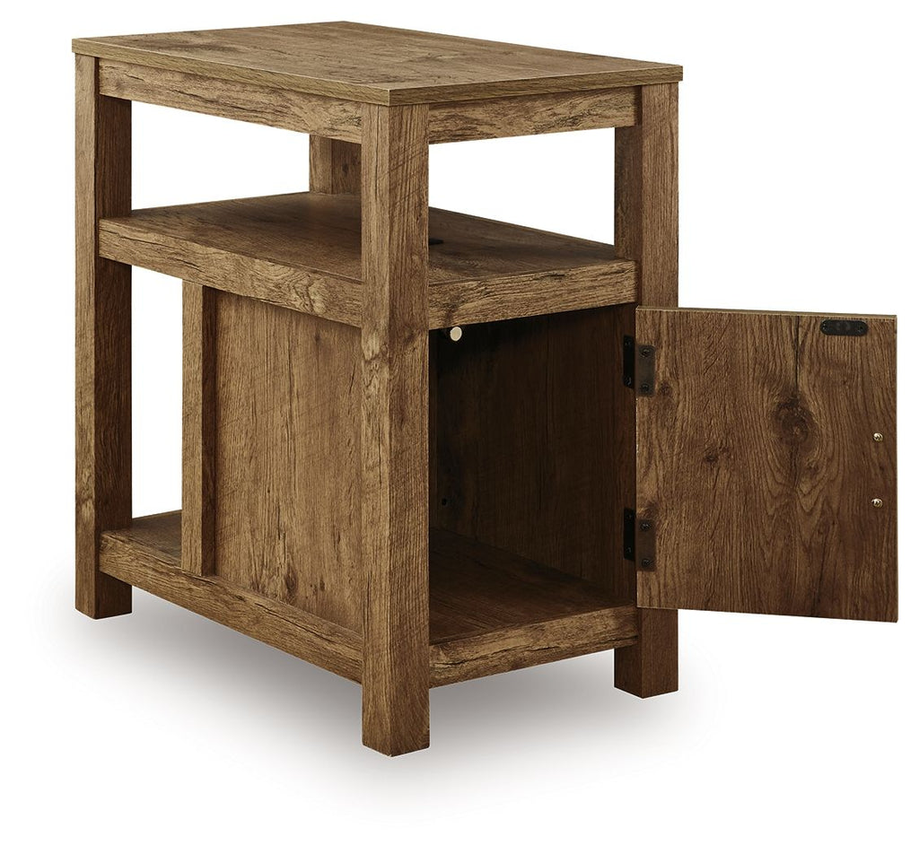 Chair side end table in light brown wood finish, open shelves and hinged cabinet door.