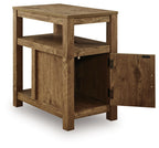 Chair side end table in light brown wood finish, open shelves and hinged cabinet door.