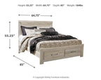 Beige platform bed dimensions shown with two storage drawers and low headboard