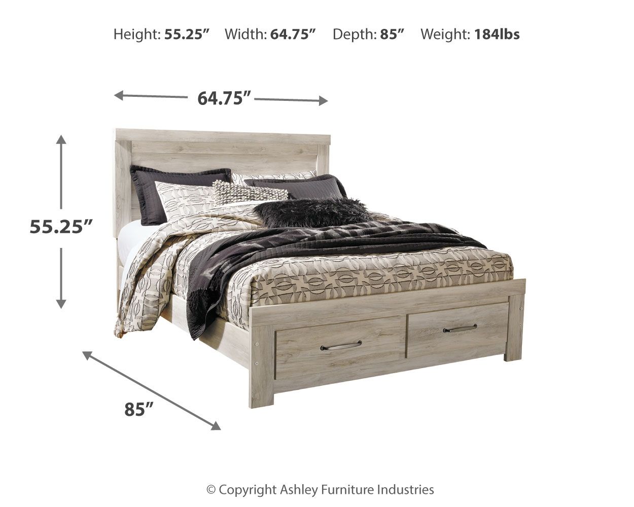 Beige platform bed dimensions shown with two storage drawers and low headboard