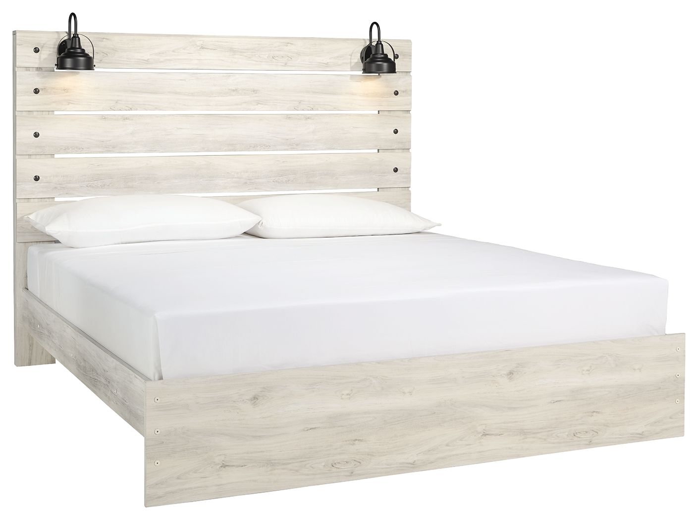 Panel bed with beige light-wood frame and side storage doors, white mattress and pillows.